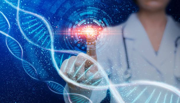 Genetika a medicína. Lékařky ruce dotýkají virtuální obrazovky s molekulami DNA, koláž - Fotografie, Obrázek
