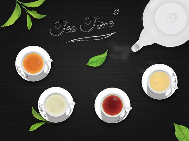 Top View Cups of Tea with Black Background - Διάνυσμα, εικόνα