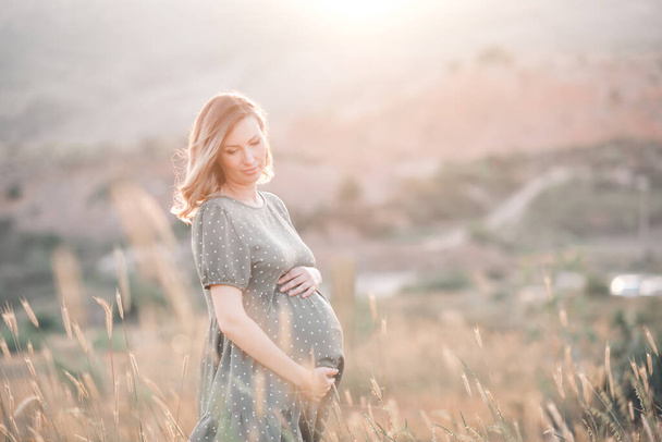 Έγκυος γυναίκα φορώντας φόρεμα που θέτουν σε εξωτερικούς χώρους πάνω από τη φύση φόντο. Μητρότητα. Μητρότητα. Υγιεινός τρόπος ζωής Ευτυχία.  - Φωτογραφία, εικόνα