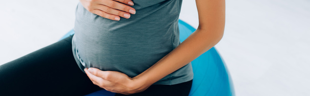 Plan panoramique de la femme enceinte touchant le ventre tout en étant assis sur le ballon de remise en forme  - Photo, image