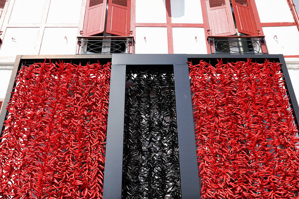 Κόκκινο μαύρο Espelette πιπεριές ξήρανση μπροστά από τον τοίχο του τυπικού σπιτιού των Βάσκων - Φωτογραφία, εικόνα