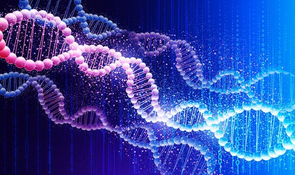 Human genetics concept. Illustration with shiny DNA molecules over blue background - Photo, Image