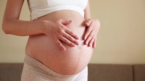 A caring mother strokes a naked pregnant tummy with two hands, on light room. A pregnant woman strokes a large belly in the sunny summer day - Footage, Video