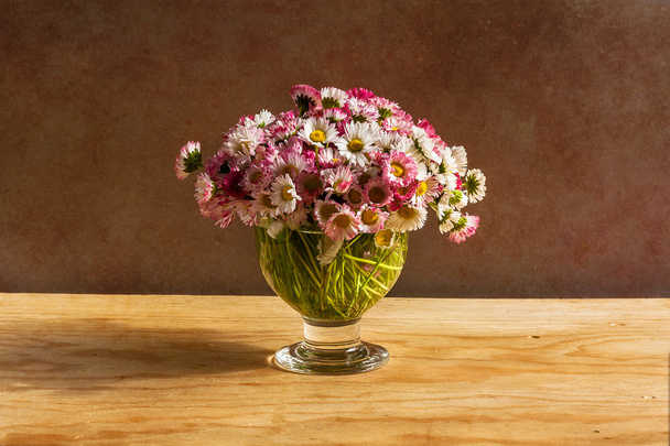 Still life bouquet daisies wooden table - Photo, Image