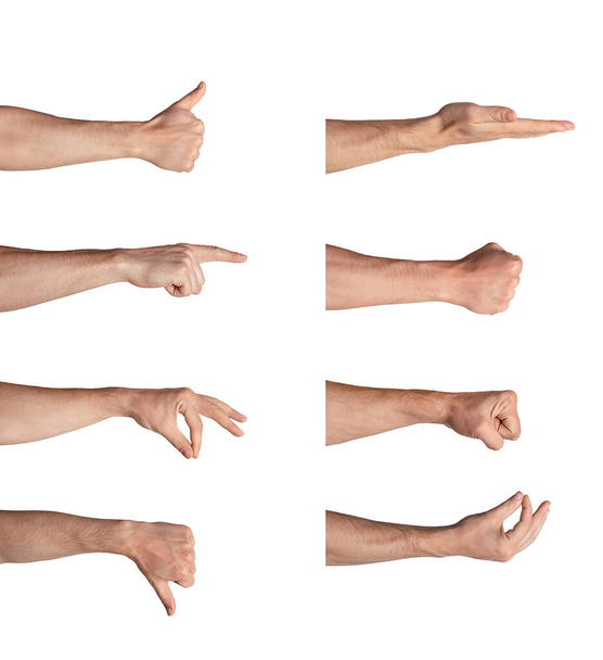 Collage con manos masculinas mostrando diferentes gestos sobre fondo blanco, aislado - Foto, imagen