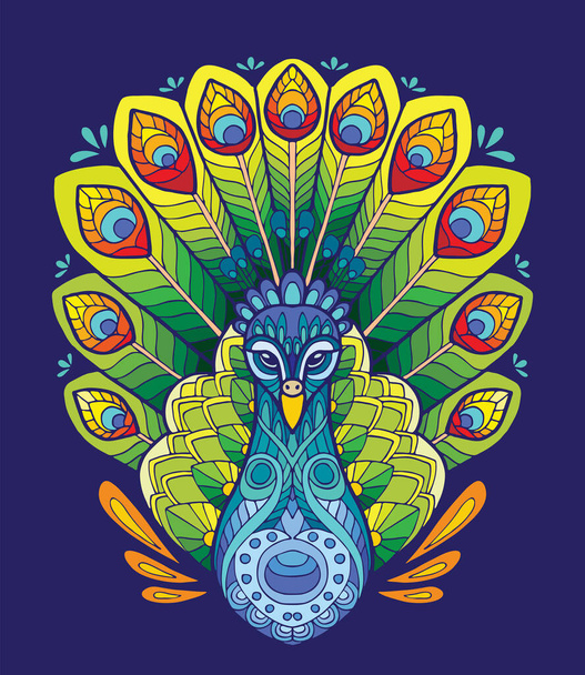 Tavus kuşunun rengarenk portresi. Mavi arkaplanda izole edilmiş dekoratif soyut simetrik çizim. Yetişkin renkleri için stok illüstrasyonu, T-Shirt, tasarım, baskı, dekorasyon ve dövme. - Vektör, Görsel