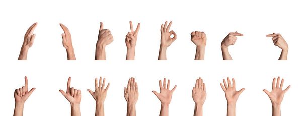 Collage de varios gestos y signos de la mano, aislado sobre fondo blanco - Foto, imagen