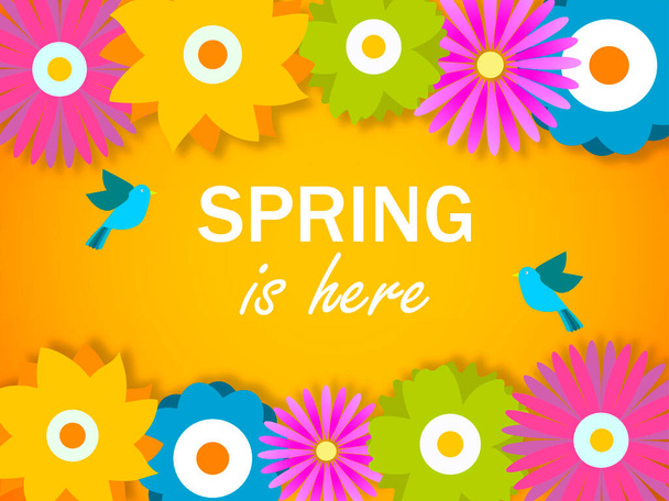 こんにちは春です。こんにちは春は花のイラスト付きグリーティングカードです - ベクター画像