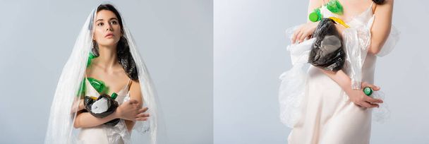 колаж молодої жінки з пластиковим пакетом на голові, що стоїть у шовковій сукні з порожніми пляшками ізольовані на сірому, концепція екології
   - Фото, зображення