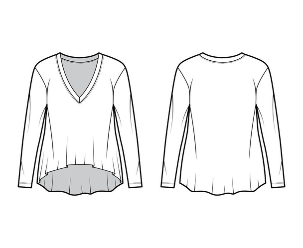 Boyfriend Baumwolle-Jersey T-Shirt technische Mode Illustration mit tiefem V-Ausschnitt, lange Ärmel, hoch-niedriger Saum - Vektor, Bild