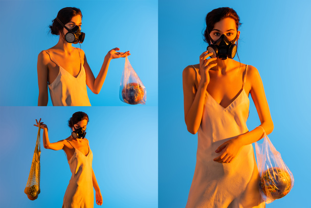 Collage einer Frau, die eine Gasmaske berührt, Plastiktüte mit Globus und wiederverwendbare Saitentüte mit Früchten auf blauem Grund hält - Foto, Bild