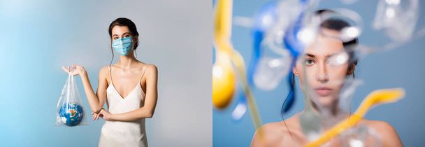 collage du modèle dans un masque médical tenant un sac en plastique avec globe et regardant la caméra près des cuillères sur bleu, concept d'écologie  - Photo, image