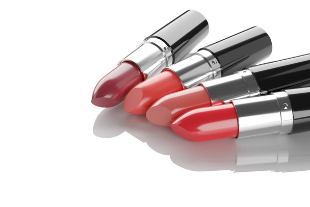 Quatre rouges à lèvres isolés sur fond blanc. Illustration 3d. - Photo, image