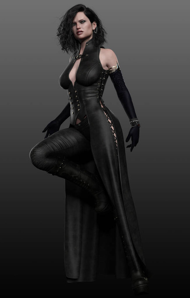 Sexy Fantasy Vampire Witch in Black Leather - Фото, изображение