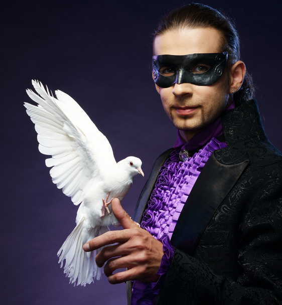 jonge knappe brunette tovenaar man in fase kostuum met zijn opgeleide witte duiven - Foto, afbeelding