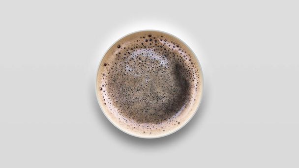 серая чашка кофе на сером фоне, минимальная концепция, вид сверху, веб-баннер или шаблон, 3D рендеринг - Фото, изображение