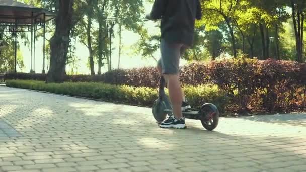 Disparo por detrás del hombre de pie en scooter eléctrico en el parque en la mañana soleada - Metraje, vídeo