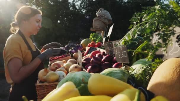 Mädchen bereitet die Gemüsetheke auf dem Bauernmarkt zu - Filmmaterial, Video
