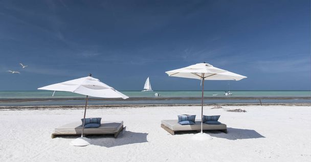 Vista panoramica di una spiaggia caraibica a pochi metri dall'Oceano Caraibi messicano. Ombrelloni e lettini in spiaggia. Sullo sfondo, un catamarano naviga al largo della costa di Holbox Island, Messico - Foto, immagini