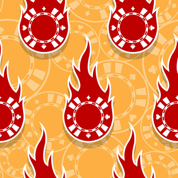 Nahtloses Muster mit Casino-Pokerchips-Symbolen und Flammen. Vektorillustration. Ideal für Tapeten, Bezüge, Verpackungen, Stoffdesign und jede Art von Dekoration. - Vektor, Bild