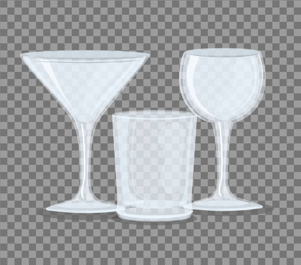 maqueta, vidrio transparente, vasos vacíos transparentes, tazas de vino y cóctel - Vector, Imagen