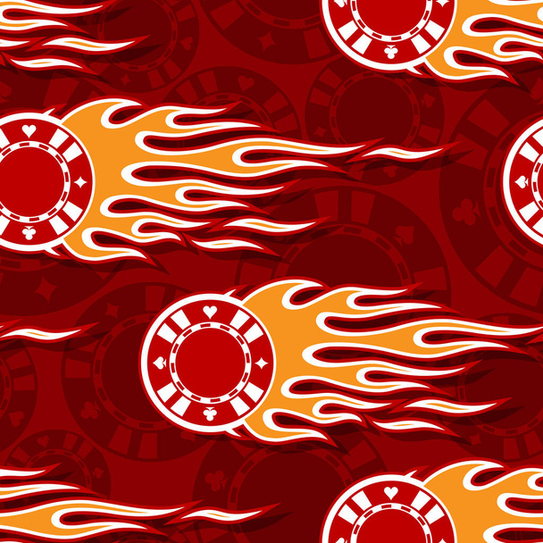 Casino poker chips symbolen naadloos patroon met hotrod vlam. Afdrukbare vectorillustratie. Ideaal voor behang verpakkingsstof textiel wikkelpapier ontwerp. - Vector, afbeelding