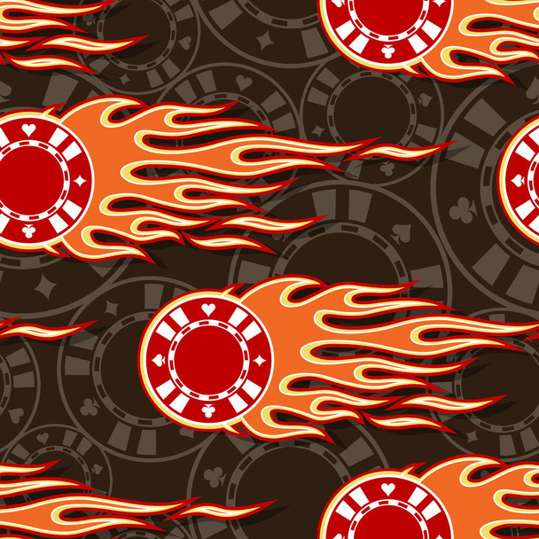 Σύμβολα πόκερ καζίνο μάρκες εκτυπώσιμη απρόσκοπτη μοτίβο με φλόγες hotrod. Εικονογράφηση διανύσματος. Ιδανικό για ταπετσαρία συσκευασίας υφασμάτινο χαρτί περιτυλίγματος. - Διάνυσμα, εικόνα