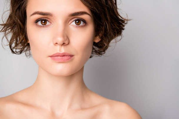 Closeup photo of beautiful naked lady bobbed short hairstyle perfection concept not smiling nude makeup visage isolated grey color background - Photo, Image