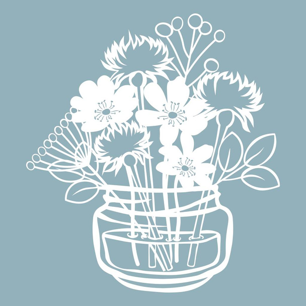 Pechenocna, dandelion and stokesia in a jar of water. Vector illustration. Paper flower, stickers. Laser cut. Template for Plotter. Pattern for the laser cut, serigraphy, plotter and screen printing - Vector, Image