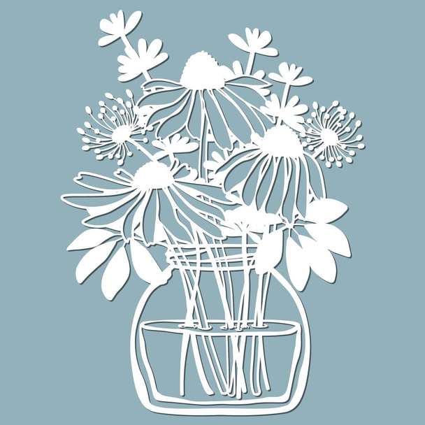 Echinacea, paardebloemen met Scheffler in een pot water. Vector illustratie. Papieren bloem, stickers. Lasergesneden. Template voor Plotter. Patroon voor het lasersnijden, serigrafie, plotter en zeefdruk - Vector, afbeelding