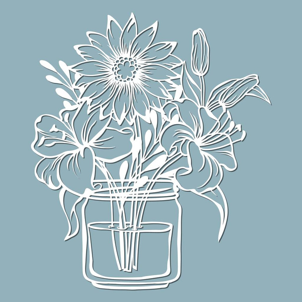chrysanthemum and Lily in a jar of water. Vector illustration. Paper flower, stickers. Laser cut. Template for Plotter. Pattern for the laser cut, serigraphy, plotter and screen printing - Vector, Image