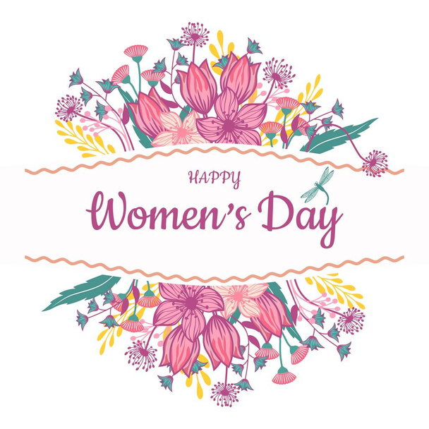 Blumen, Rahmen, Postkarte. Schön fröhlicher Frauentag. Hintergrund der internationalen Feierlichkeiten - Vektor, Bild