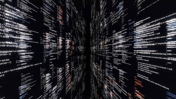 Source code walls on black background. Animation. Dive into cyberspace with walls of source code on black background. Programs and codes of matrix cyberspace - Photo, Image