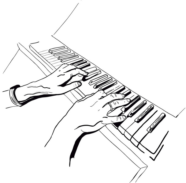 Чоловічі руки грають ілюстрацію піаніно в стилі гравюри. Музичний інструмент з ключами. Піаніст з весільним кільцем. Імітація дошки.
. - Вектор, зображення
