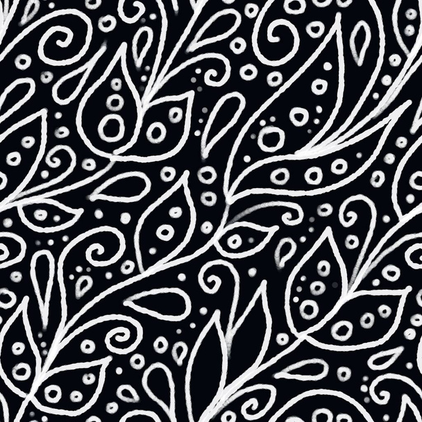 Ručně kreslený černobílý abstraktní květinový bezešvý vzor. Jedna barva obrysu textury na tmavém pozadí se skládá z listů, kruhů, teček, vírů a kapek. Zabalovací papír, scrapbooking, textil. - Fotografie, Obrázek
