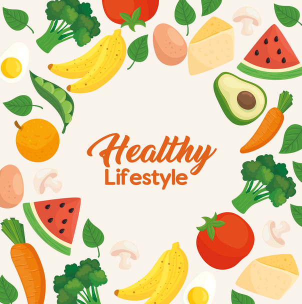 banner healthy lifestyle, vegetables with fruits and food - ベクター画像