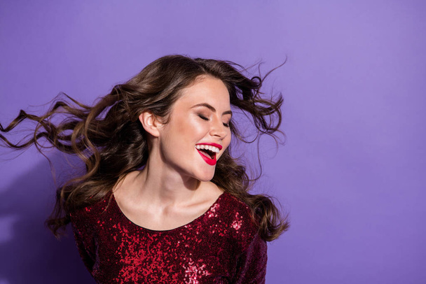 Closeup photo of charming pretty lady students party night club hairdo flight overjoyed beaming smile eyes closed wear sequins burgundy dress isolated purple color background - Photo, image