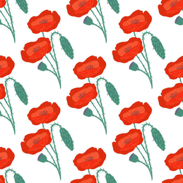 明るいポピーの花の装飾隔離されたシームレスなパターン。白い背景に赤い花飾り。壁紙、テキスタイル、包装紙、ファブリックプリントに最適です。ベクターイラスト. - ベクター画像