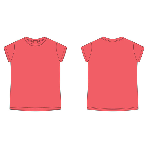 T-paita tyhjä malli kirkkaan punainen väri. Lasten tekninen luonnos t paita eristetty. Rento lasten tyyliin. Eteen ja taakse. Vektoriesimerkki - Vektori, kuva