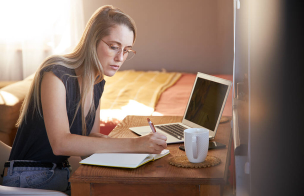 Young woman working from home on sofa in living room - Photo, Image