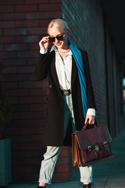 Portrait Of Successful Business Woman. Blonde european girl. Russian business lady. Hipster girl outfits. - Fotó, kép