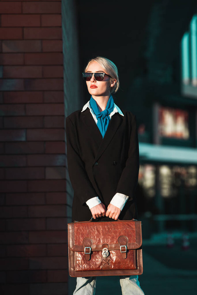 Portrait Of Successful Business Woman. Blonde european girl. Russian business lady. Hipster girl outfits. - Photo, Image