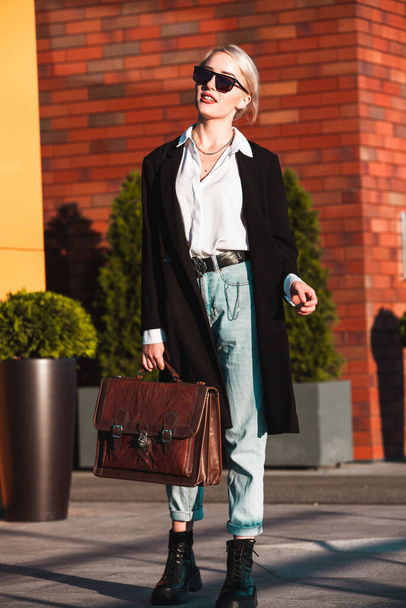 Portrait Of Successful Business Woman. Blonde european girl. Russian business lady. Hipster girl outfits. - Foto, immagini