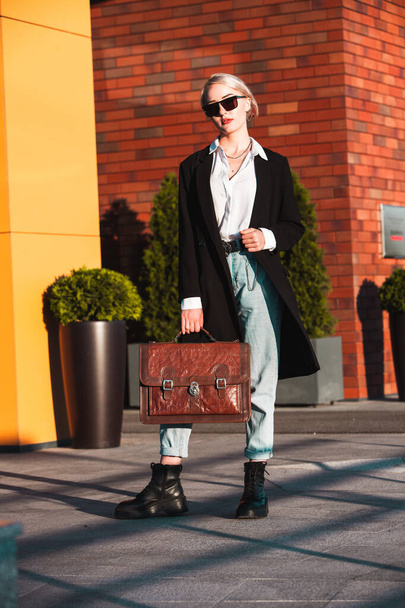 Portrait Of Successful Business Woman. Blonde european girl. Russian business lady. Hipster girl outfits. - Foto, imagen