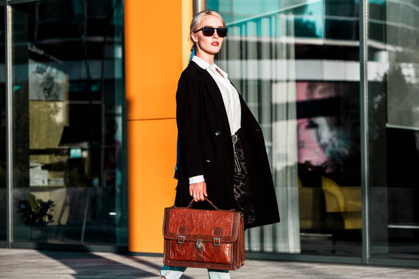 Portrait Of Successful Business Woman. Blonde european girl. Russian business lady. Hipster girl outfits. - Fotografie, Obrázek