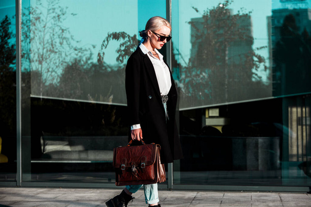Portrait Of Successful Business Woman. Blonde european girl. Russian business lady. Hipster girl outfits. - Fotografie, Obrázek