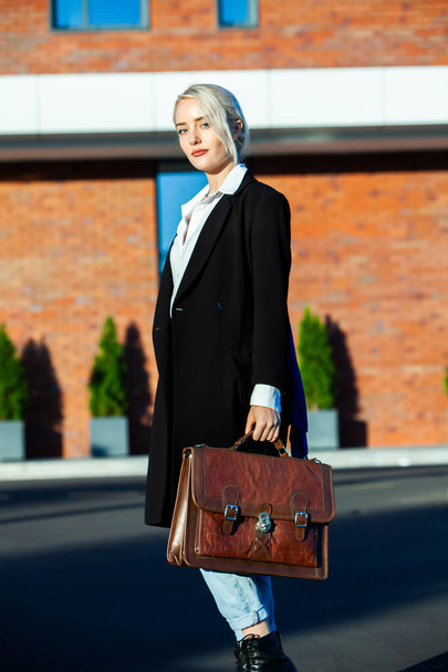 Portrait Of Successful Business Woman. Blonde european girl. Russian business lady. Hipster girl outfits. - Фото, зображення