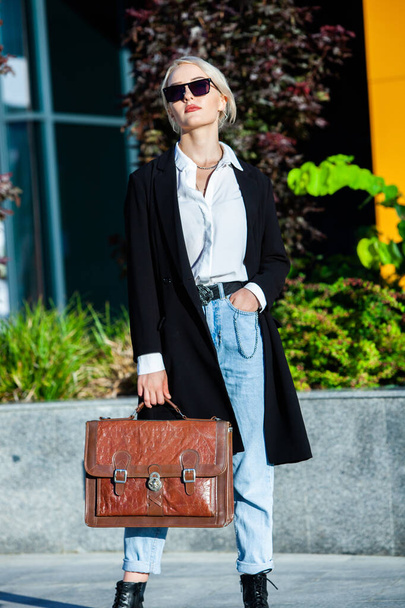 Portrait Of Successful Business Woman. Blonde european girl. Russian business lady. Hipster girl outfits. - 写真・画像