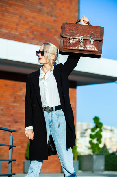 Portrait Of Successful Business Woman. Blonde european girl. Russian business lady. Hipster girl outfits. - Foto, Imagen