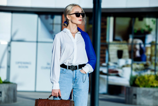 Portrait Of Successful Business Woman. Blonde european girl. Russian business lady. Hipster girl outfits. - Photo, Image